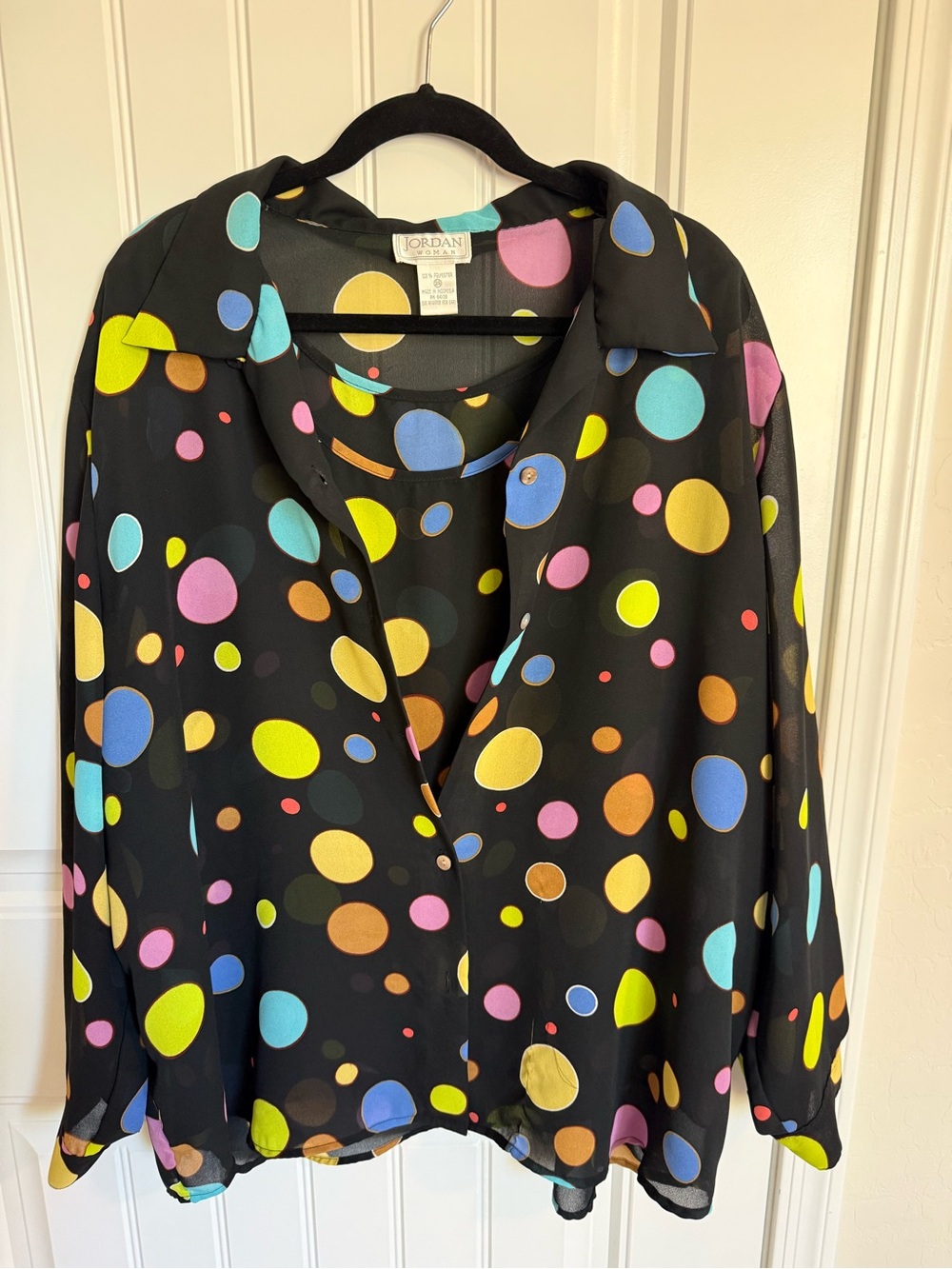 Jordan Black Polka Dot Button-Up Blouse with matching camisole.